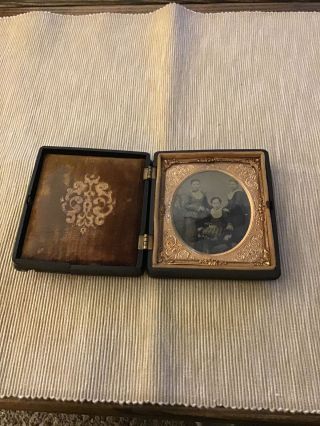 Antique Tin Type Photo Case With Picture Of Three Young Women Ornate