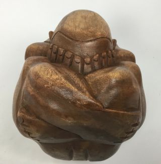 Hand Carved Wood Weeping Buddha Yogi Monk Figure Boho Vintage One Piece Wood