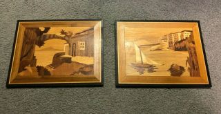 Set Of Hand Carved Inlaid Wood Marquetry Wall Plaques Made In Italy Ocean Scenes