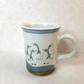 Vintage Otagiri Stoneware Pottery Penguin Coffee Mug Cup Blue Glaze