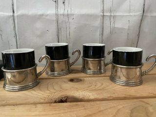Vtg Set Of 4 48 Monopoli Demitasse Espresso Cups Silver Plate Holders Italy