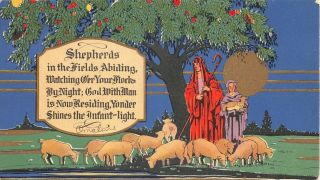 Moon Shining On Shepherds With Flock Of Sheep On Old Art Deco Christmas Card