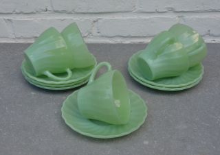 Vintage Mid Century Fire King Anchor Hocking Jadeite Swirl 5 Cups And 6 Saucers