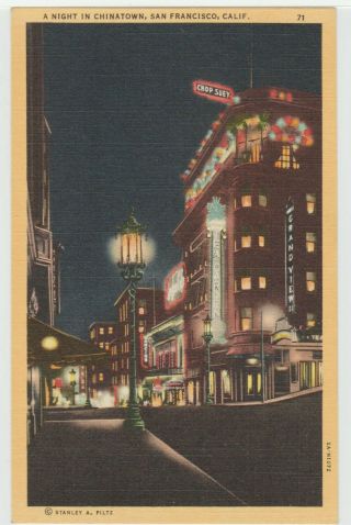 San Francisco,  Ca Postcard Chinatown Street Scene At Night Old Vintage Linen