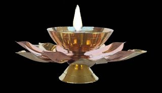 Indian Pure Brass Copper Kamal Lotus Flower Shape Diya Puja Oil Lamp Hindu Pooja