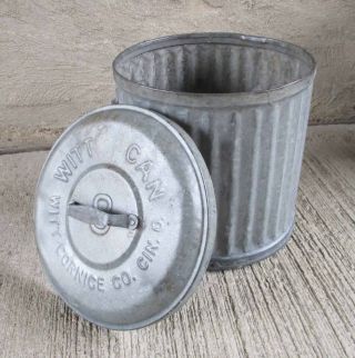 Smaller Vtg.  Galvanized Garbage / Trash Can With Lid & Handle,  " Witt " (8)