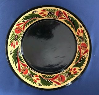 Vtg 1957 Toleware Round Black Metal Bowl/tray Hand Painted Red - Yellow Floral 9 "