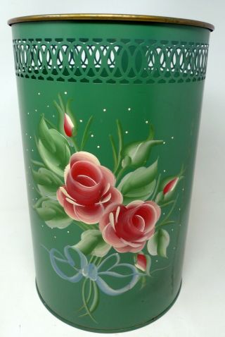 Vtg Mid Century Green Hand Painted Rose Metal Trash Waste Can 8 " By 12.  5 " Tall