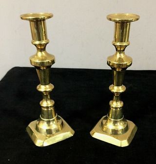 Handsome Antique 19th C American Brass Push - Up Candle Sticks 2