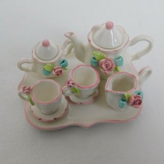Porcelain 10 Pc Mini Miniature Floral Pink Tea Set Teapot Platter Child Roses