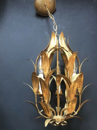 Vintage Leaves Gold Gilt Ceiling Light Hollywood Regency Antique Metal Electric