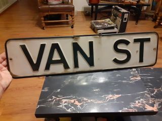 Awsome Vintage 1958 Van St.  24 " Enameled Porcelain Metal Street Sign Rare