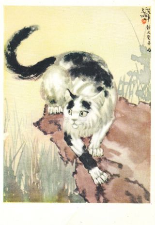 1950s Very Rare Cat By Ju Peon Folk Art Old Chinese Postcard