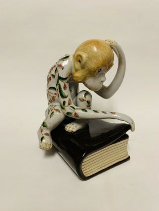 Vintage Chinese Porcelain Monkey Sitting On A Book,  6” Tall,  Pristine