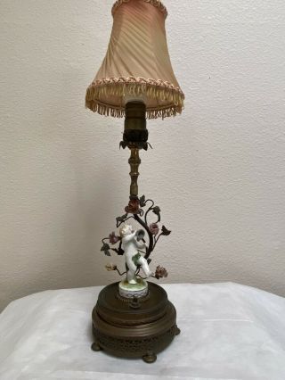 Antique French Hand Painted Porcelain Boudoir Cherub Lamp 13” H