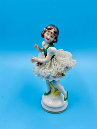 Vtg Rare Antique Dresden Ballerina Girl W - Porcelain Lace – 4 3/4″/art Deco/gift