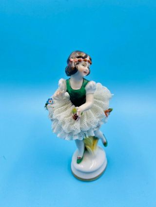 VTG RARE ANTIQUE Dresden Ballerina Girl w - Porcelain Lace – 4 3/4″/Art Deco/Gift 3