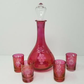 Vintage Etched Cranberry Pink Cut To Clear Bohemian Glass Decanter 5 Piece Set