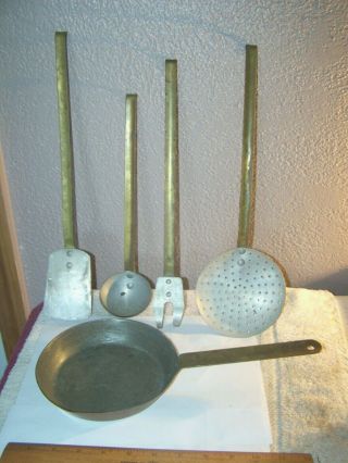 Antique Hand Made Copper And Brass Set Of Kitchen Utensils & Pan / Farm/ Country