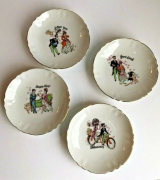 Vintage Set Of 4 Japan Mini Dish Plates Love Couple Luck Happy Cupid Porcelain