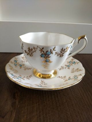 Vintage Antique Queen Anne Bone China Teacup And Saucer White Gold Blue Floral