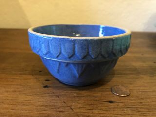 Rare Tiny Picket Fence Blue Salt Glaze Mixing Bowl Stoneware Antique Primitive