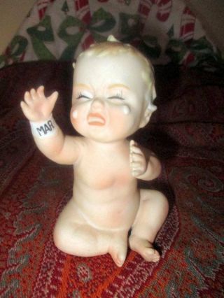 Vintage 1958 Tmj James Bisque Porcelain Crying Piano Baby Figurine March 4.  5 "