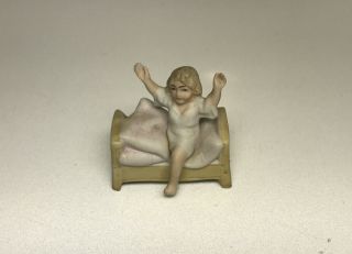 Antique German Miniature Child In Bed Nursery Rhyme Bisque Figurine