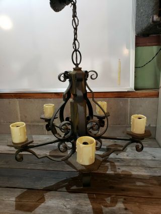 Vintage Medieval Gothic Ornate Black Wrought Iron 5 Light Hanging Chandelier