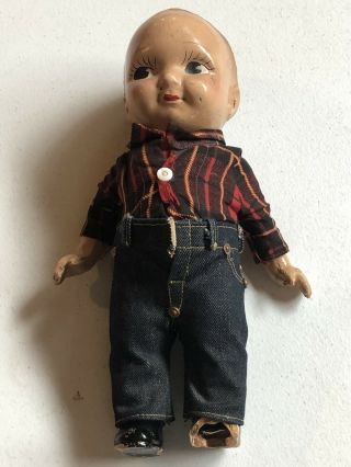 Vtg 1930’s Composition 13 " Buddy Lee Doll Jeans Red Plaid Shirt Jeans