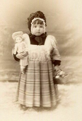 Antique Cabinet Card Photo Darling Little Victorian Girl W Doll & Ruffled Bonnet