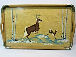 Mcm Vintage Wooden Serving Tray Deer Hand Painted With Handles And Metal Corners