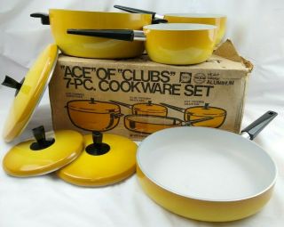 Vintage Ace Of Clubs Cookware 7pc Set Aluminum Harvest Gold Teflon Pots Pan Lids