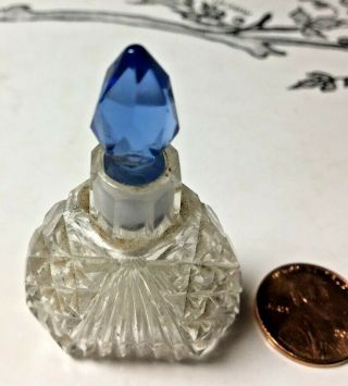 Vintage Hand Cut Clear Crystal 2,  " Mini Czech Perfume Bottle Blue Stopper Marked