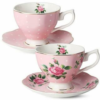 Btat - Floral Tea Cups And Saucers,  Set Of 2 (pink - 8 Oz) With Gold Trim And