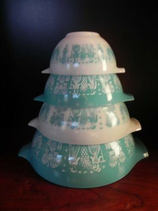 Vintage Pyrex Mixing Bowl Set 4 " Amish Butterprint Cinderella Turquoise