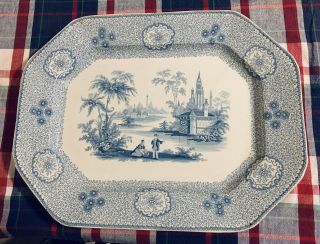 Antique Ralph Hall & Co Blue Transfer - Ware 18 “ Platter Singanese Pattern 1840