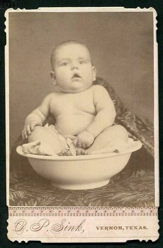 Rare Antique Cabinet Card Photo Adorable Little Baby In A Bowl Vernon Tx