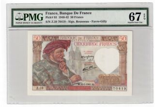 France 50 Francs Banknote 1941 Pick 93 Pmg Gem Unc 67 Epq " Vintage "