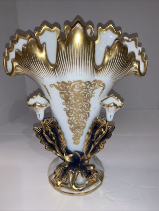 Old Paris Fan Vase White With Gold Floral Gilt Hand Painted 8.  5 " Across Top 11.  5