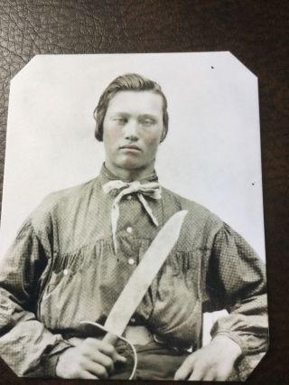 Civil War Confederate Military Soldier With Large Knife Tintype C660rp