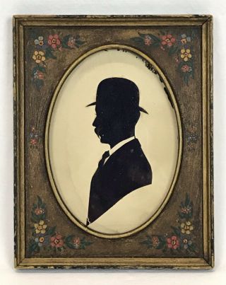 Antique Paper Cut Silhouette Portrait Gentleman Floral Hand Painted Frame