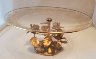 Vintage Hollywood Regency Gold Rose Italian Tole Style Compote Centerpiece