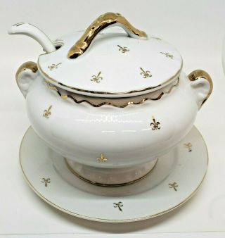 Porcelain White Soup Tureen Lid Spoon Underplate Gold Trim Stamped