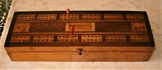 Antique Inlaid Parquetry Wood Cribbage Board And Box Victorian Era