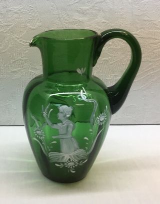 Antique Mary Gregory Green Glass Jug/pitcher - Lovely White Enamel Painting,  6.  5”