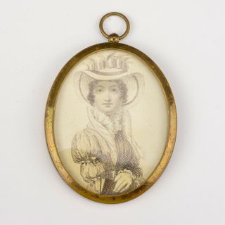 Antique Georgian Printed Portrait Miniature Of A Lady - In Oval Brass Frame