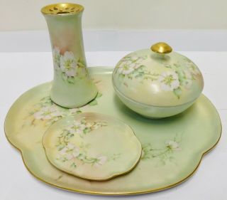 Antique French Limoges Pl Porcelain Hatpin Powder Jar Vanity Dresser Tray Set