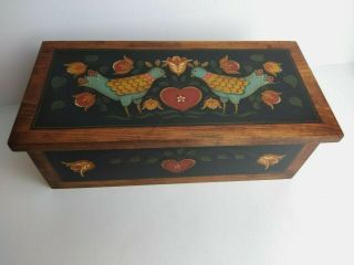 Folk Art Hand Painted Wooden Box W/hinged Lid Signed & Beautifully Done