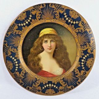 Antique Vienna Art Tin Litho Lady Portrait Plate Cobalt Blue & Gold Hd Beach Co